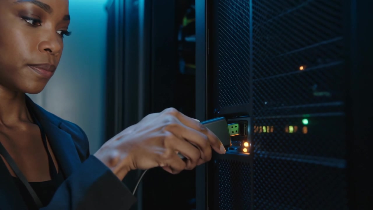 Spotting bay, tech in blazer inserting USB key into data-center rack with LEDs blinking, copy space