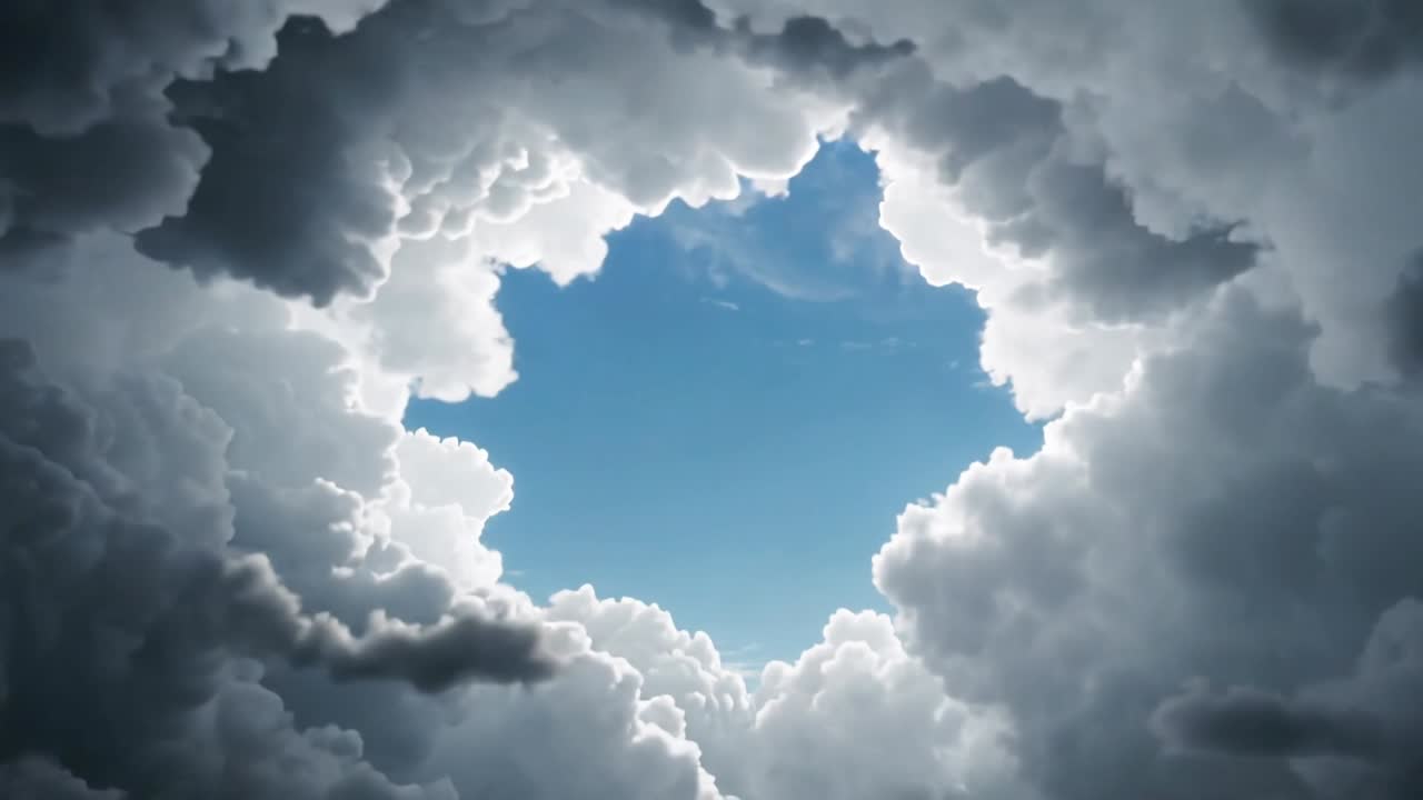 Uccello stilizzato (B o W) che vola attraversando nuvole temporalesche, causando l'allargamento di un buco tra le nuvole per rivelare il cielo blu.