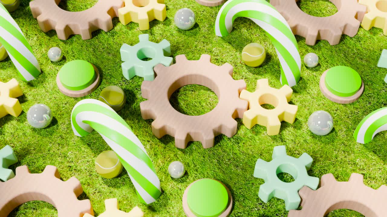3D animation of cogwheels rotating in loop on green meadow