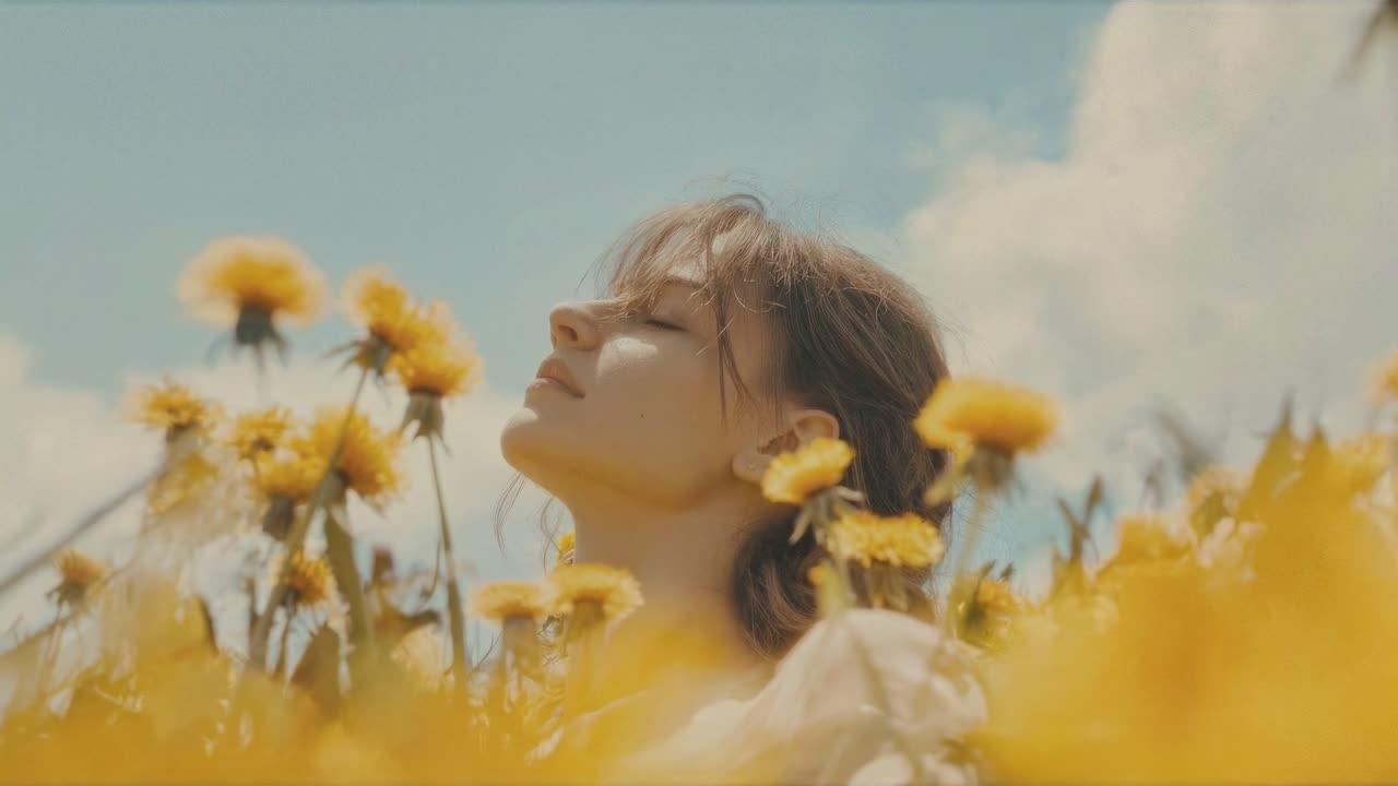 Un video sereno che ritrae una donna tra vivaci fiori gialli, evocando tranquillità e la bellezza della natura