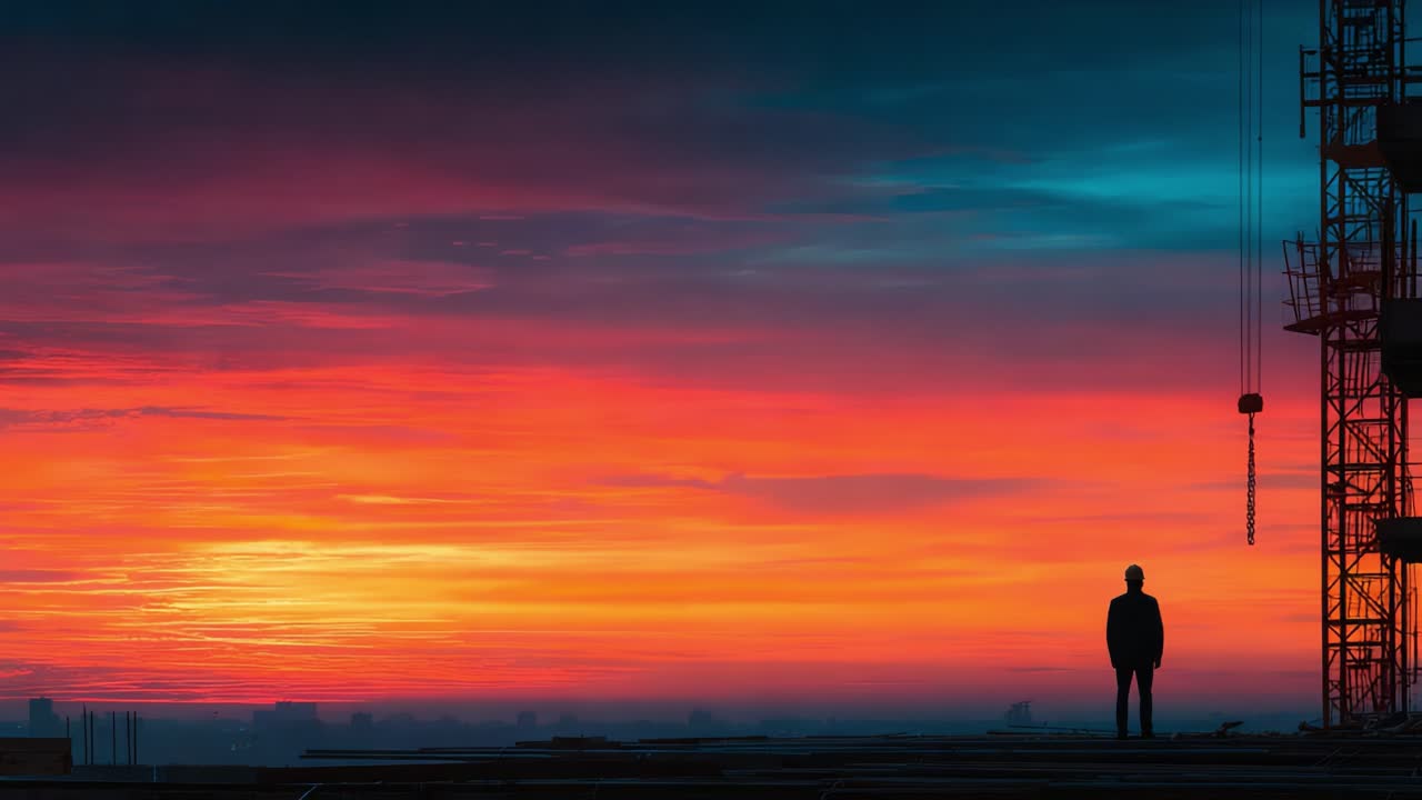 A solitary figure stands against a breathtaking sunset, capturing the stark contrast between urban construction and the beauty of nature's vibrant colors