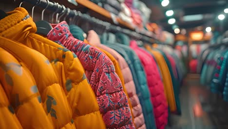 a row of colorful winter jackets on a rack in a store