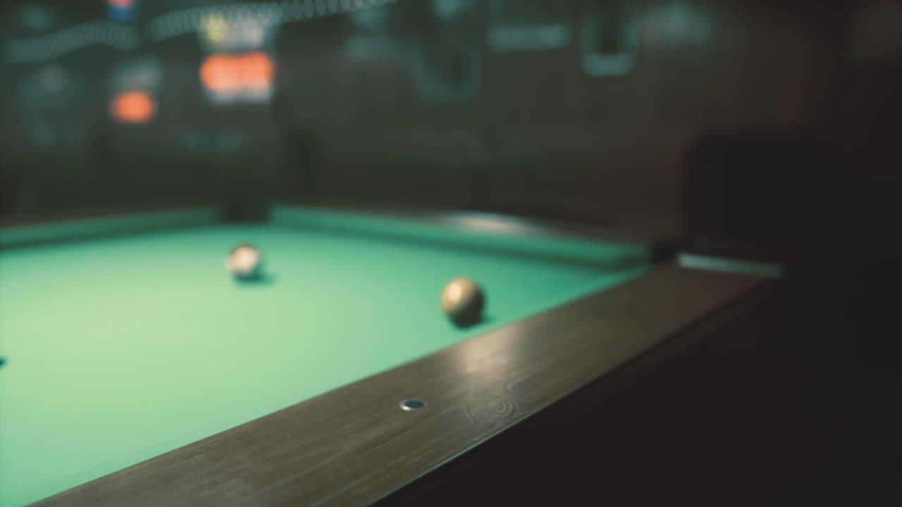 Pool game in a dimly lit bar with vibrant colors and playful atmosphere