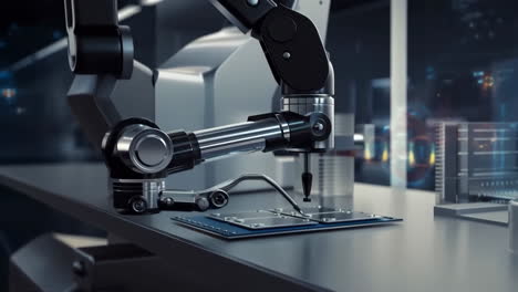 robotic arm working on electronic components in a high-tech lab