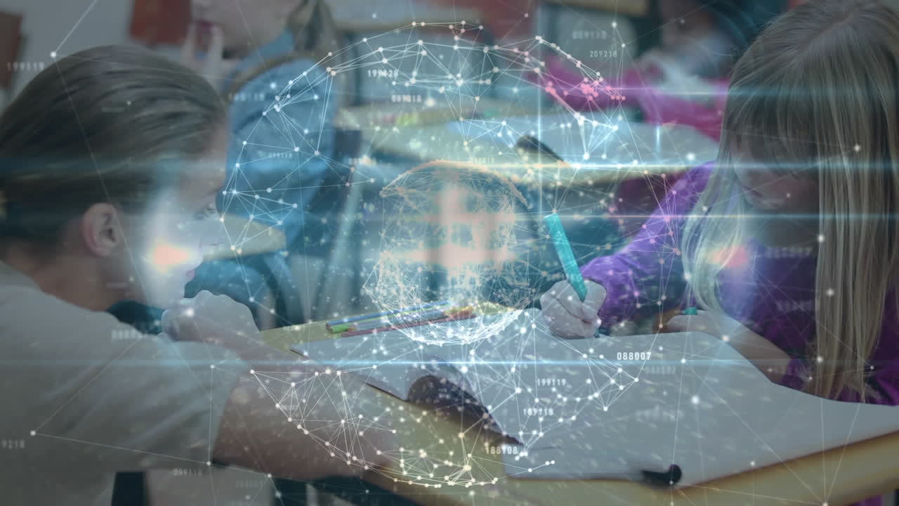 Animation of network of connections over schoolgirl writing