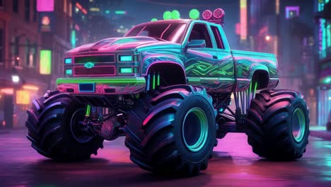 neon monster truck in a cyberpunk city