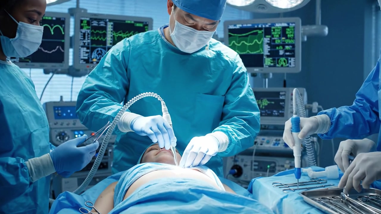 Equipe chirurgica che esegue una procedura critica in sala operatoria con attrezzature mediche avanzate e monitor che mostrano i segni vitali del paziente