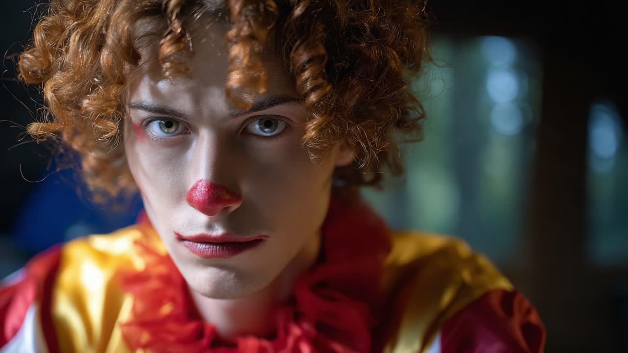 Un ritratto ravvicinato di un clown, con occhi espressivi e un costume colorato, che cattura l'essenza della giocosità e dell'intrigo in un'atmosfera misteriosa