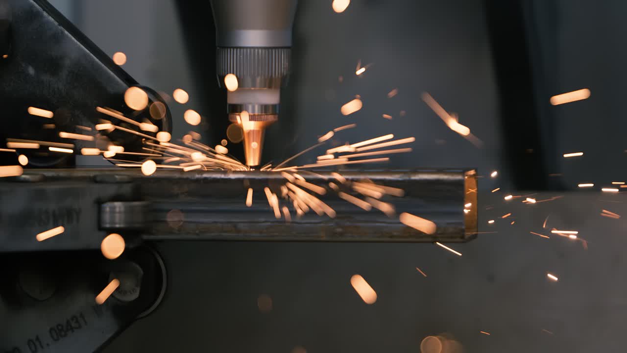 CNC Laser cutting of metal, modern industrial technology Making Industrial Details. Shot on super slow motion camera 1000 fps