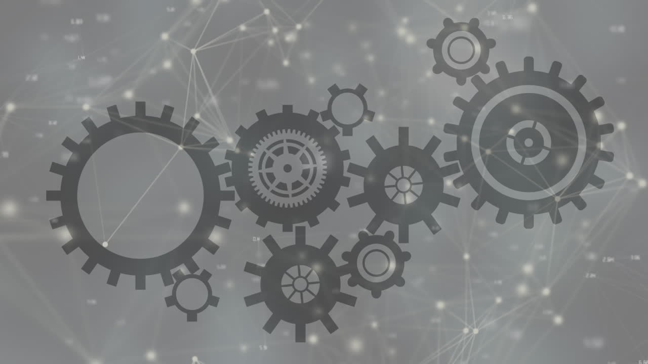 animación de los engranajes que giran sobre una red de conexiones