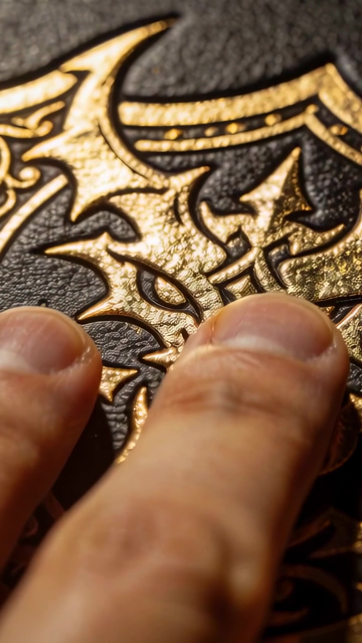 Vertical video: Adult hands tracing gold motif on leather cover at table, curiosity guiding touch