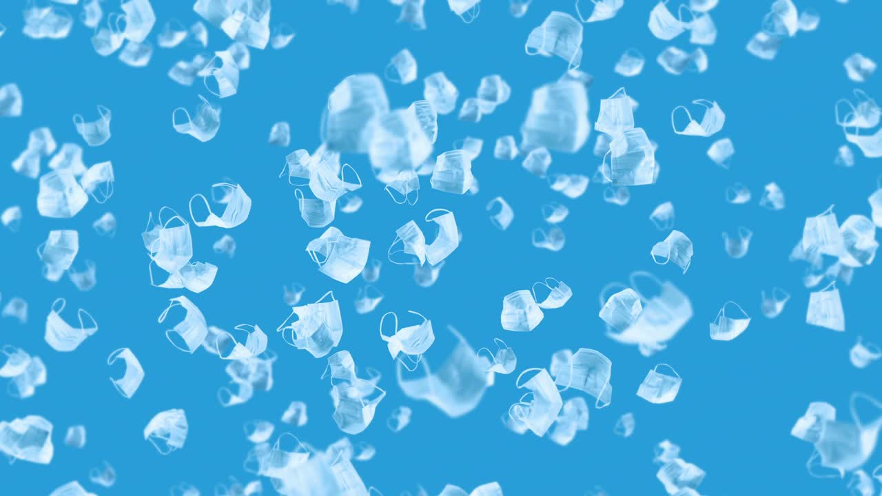 파란색 바탕에 많은 색 마스크를 날리는 의료 개념, 수술 보호 마스크, 마스크 회전의 3d 애니메이션, 루프 애니메이션.