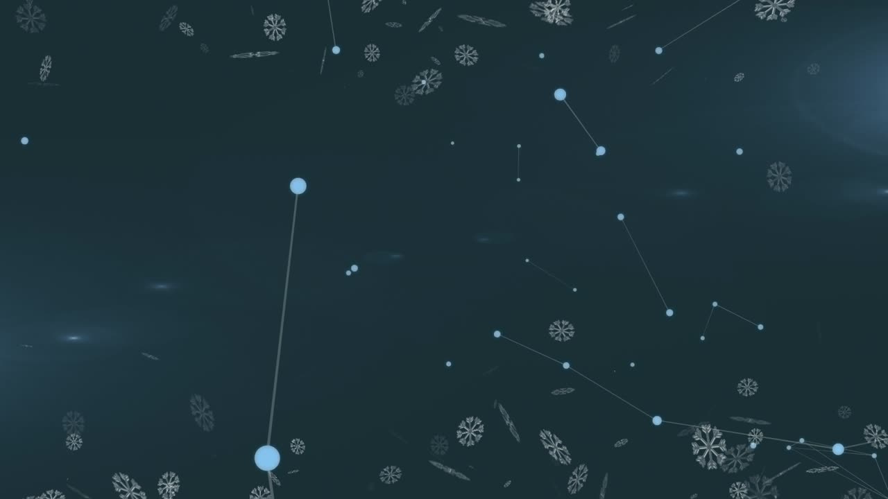 Animation of snow falling and snowflakes and stars on black background