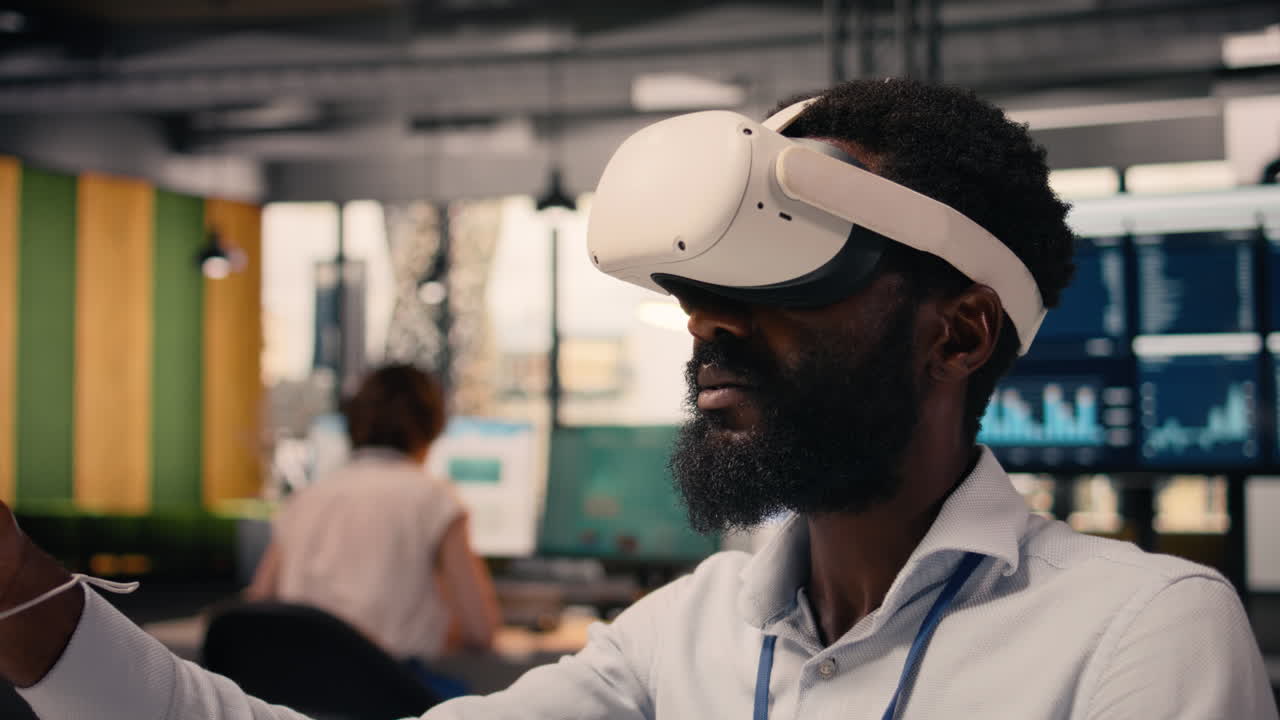 Black man, virtual reality simulation, VR headset, modern office