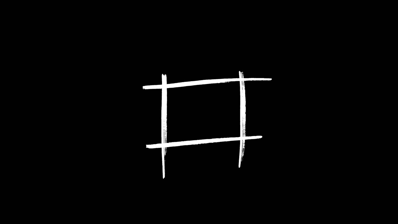 Simbolo hashtag bianco disegnato a mano animato su sfondo nero