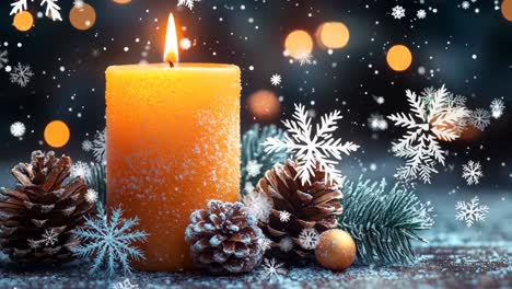 a candle is lit on a table with pine cones and other decorations. scene is warm and cozy, perfect for the holiday season
