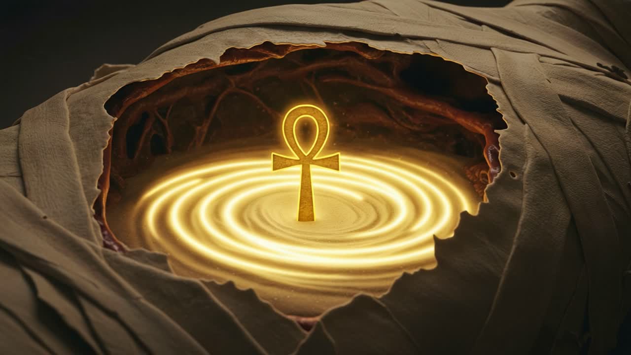 A Mystical Symbol of Life and Death: The Ankh Illuminates a Twisted Mummy Wrapped in Tattered Cloth, Surrounded by Enigmatic Ripples of Golden Light