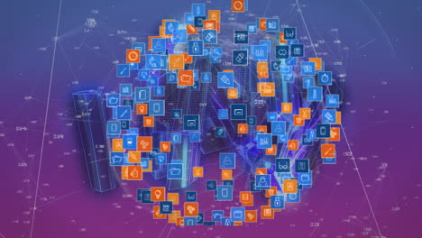 animation of icons, data processing and globe on pink and violet background