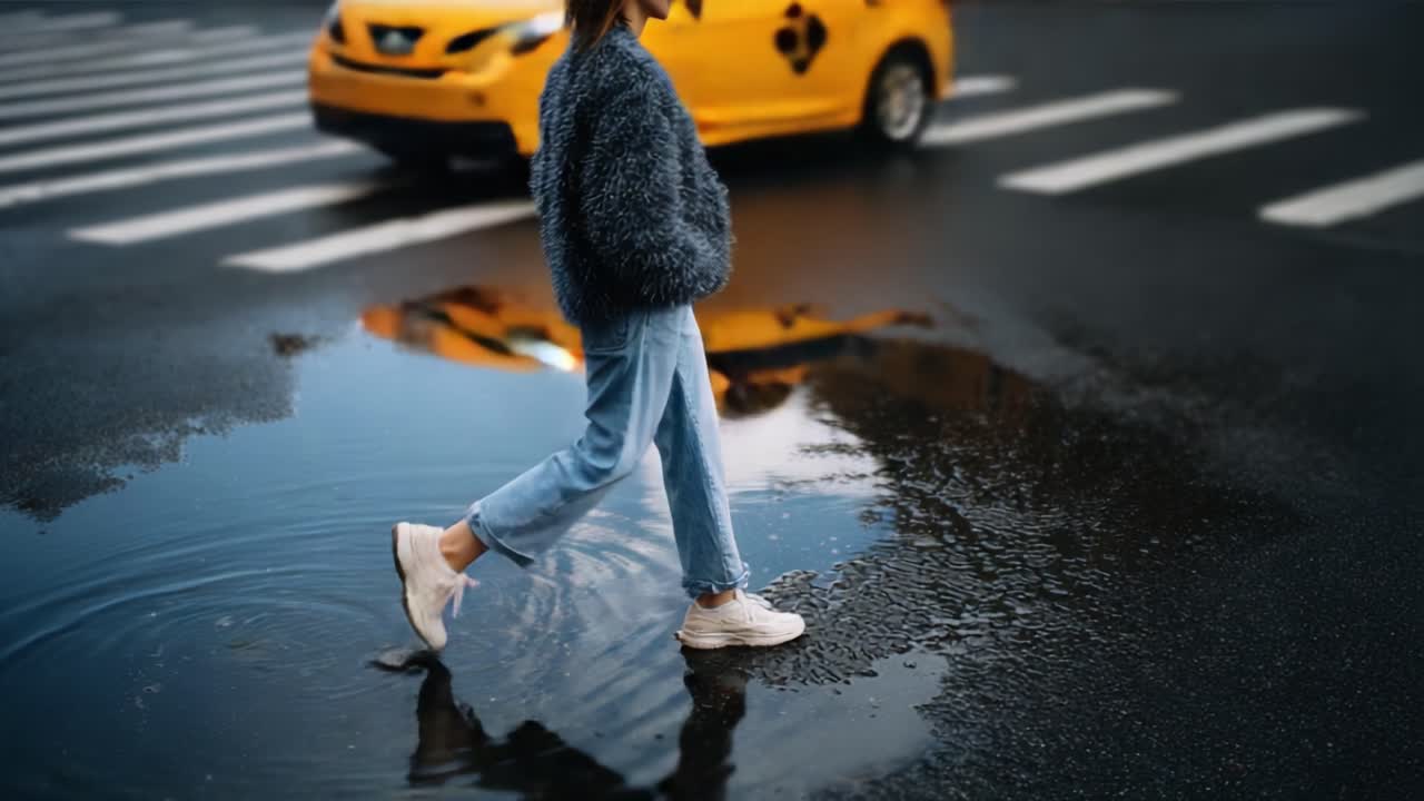 A Young Woman in a Stylish Sweater Walks Through a Puddle on a Rainy Day, Capturing the Essence of Urban Life and Fashion Amidst Reflections and Street Scenes