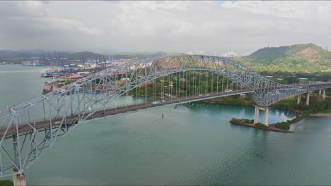 aerial view of panama canal first bridge watching towards the city and the pacific ocean
