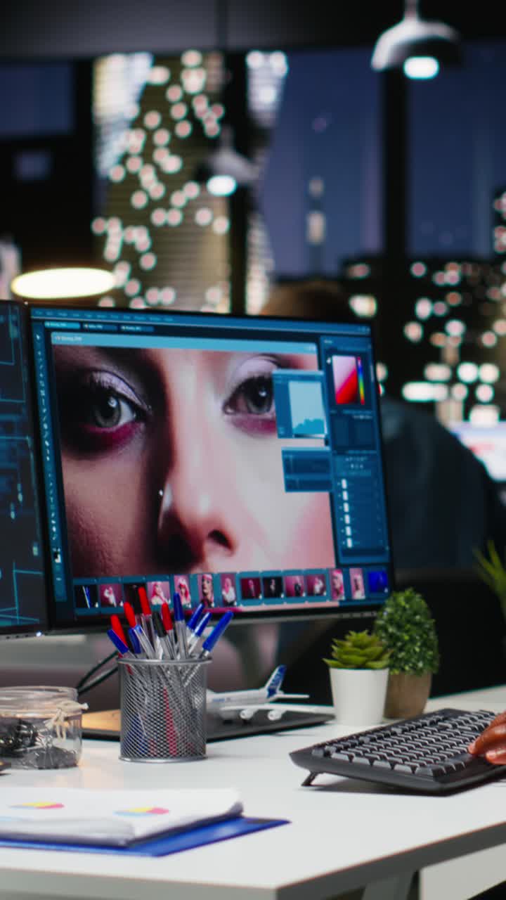 Vertical Video African american photo editor uses AI neural networks for retouching content