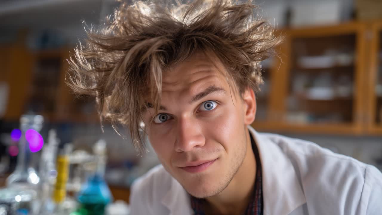 Neugieriger Wissenschaftler mit wirren Haaren im Labor, umgeben von farbenfrohen Chemikalien und Glaswaren, der die Essenz experimenteller Forschung und Entdeckung einfängt