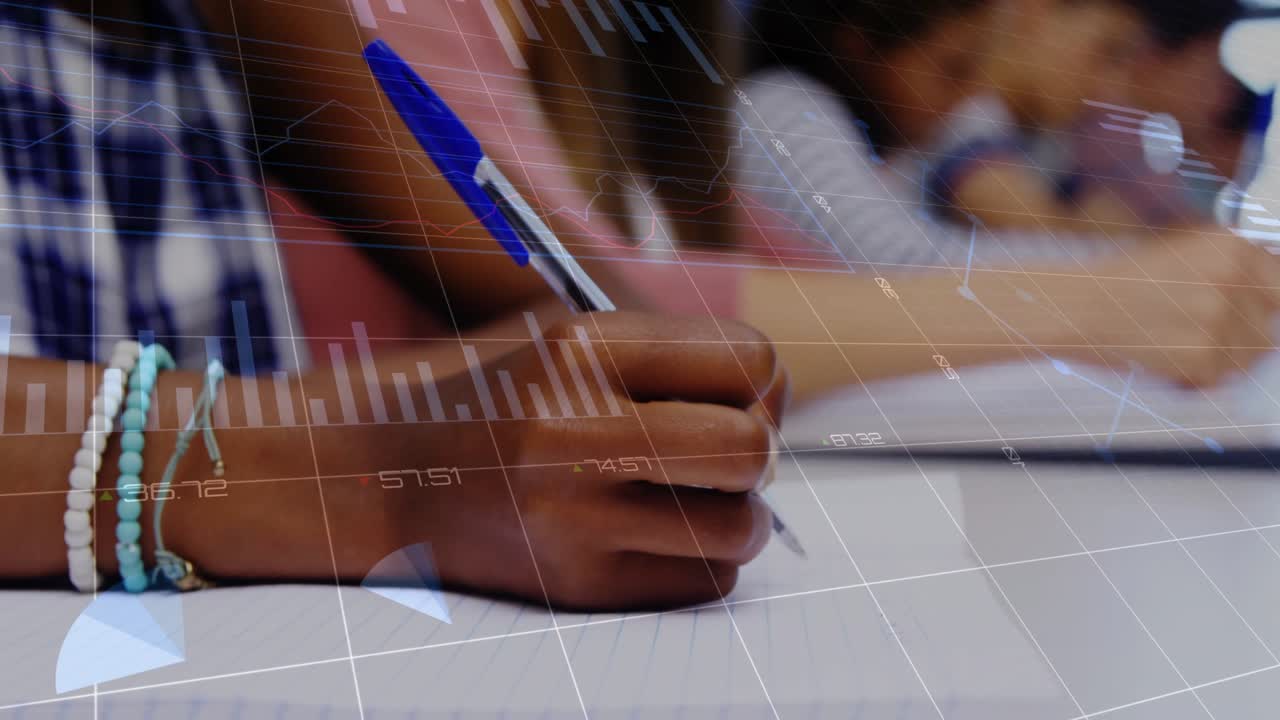 Student placing pen, writing notes for education while digital graphs and pie charts appearing