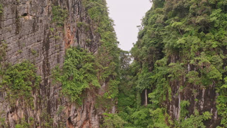 aerial drone rising shot of cliffs and mountains in krabi, thailand