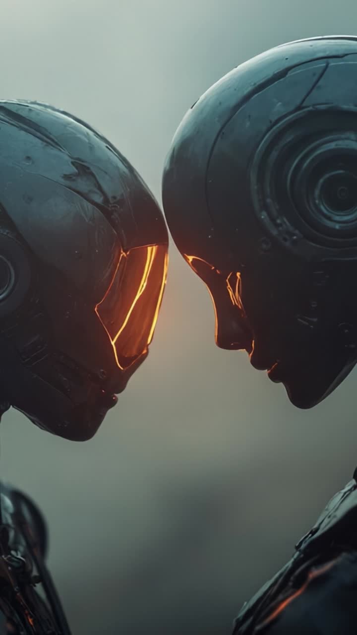 A captivating moment showcasing two futuristic humanoid robots facing each other, illuminated by glowing elements, exploring the theme of connection and technology
