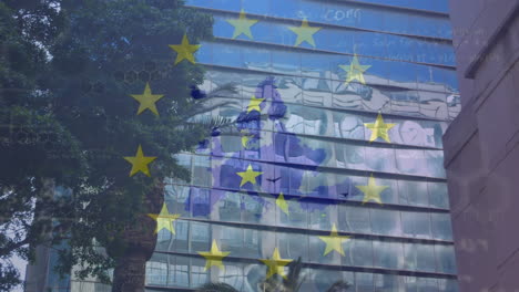animation of european union flag and map with mathematical equations against modern buildings