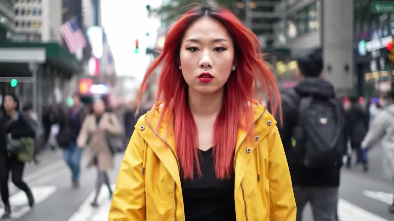 A young woman with striking red hair wears a yellow jacket as she stands still amidst a bustling crowd in a vibrant urban area. The busy street is filled with pedestrians and tall buildings.