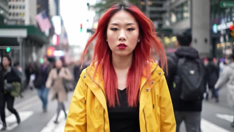 a young woman with striking red hair wears a yellow jacket as she stands still amidst a bustling crowd in a vibrant urban area. the busy street is filled with pedestrians and tall buildings.