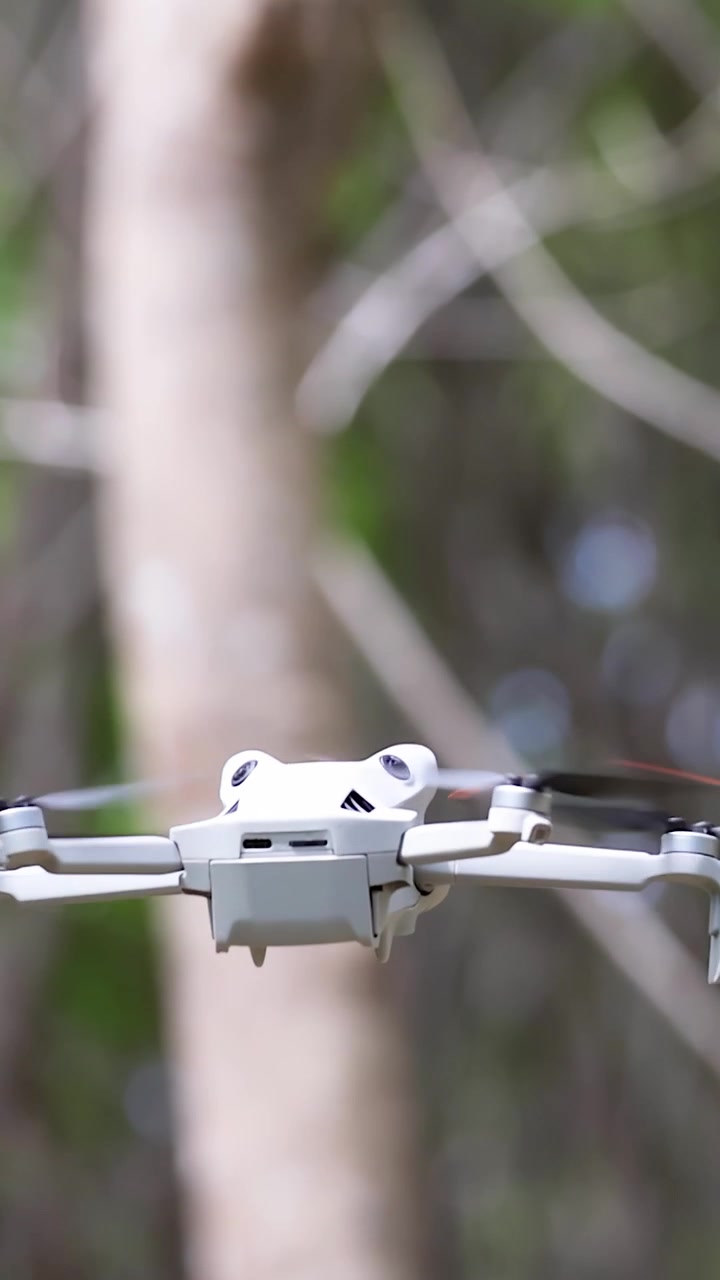 Piccolo drone quadricottero si libra e avanza in una foresta naturale e luminosa con uno sfondo leggermente sfocato.