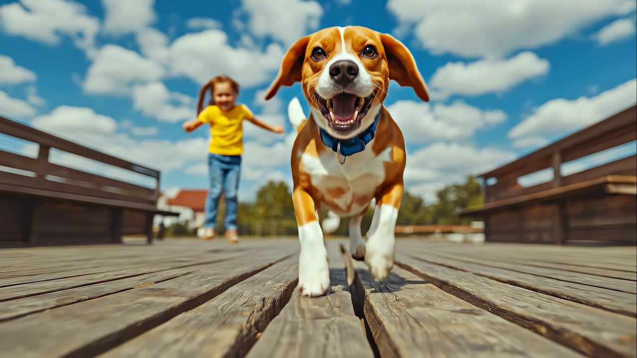 Cane corre verso ragazza su terrazza in legno. Un cane corre felicemente verso una ragazza su una terrazza in legno in una giornata di sole.