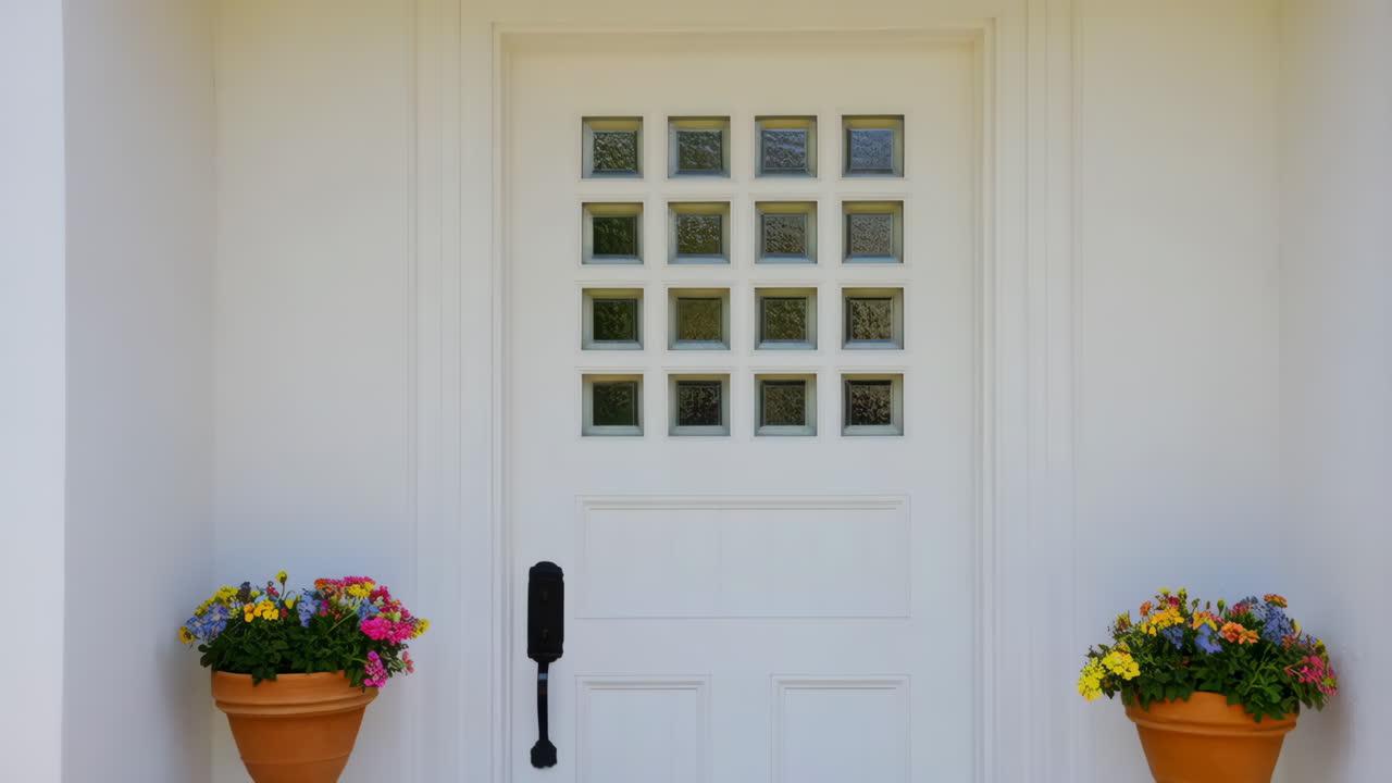 A bright white front door with decorative glass blocks and colorful potted flowers