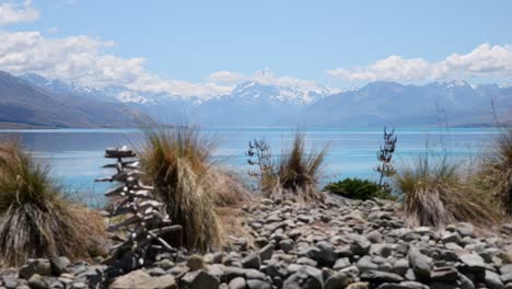 view from lake pukaki shore of scenic snowy aoraki mount cook