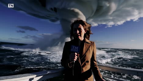 reportero de noticias en un barco durante una fuerte tormenta