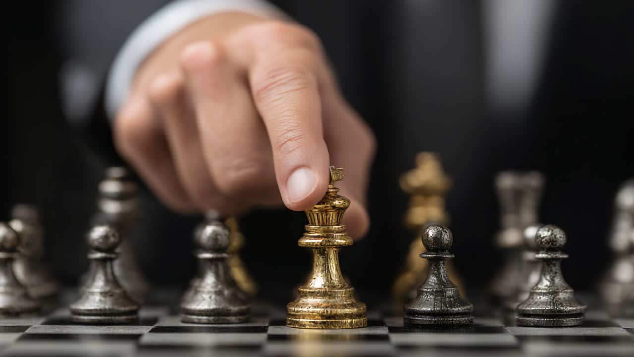A Strategic Chess Match Highlighting the Tension and Skill Required, Capturing the Moment of a Golden King Moving into Position for Victory