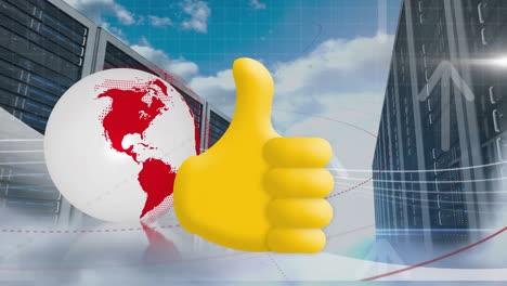 Thumbs-up-and-arrow-icon-over-spinning-globe-and-computer-server-against-clouds-in-sky
