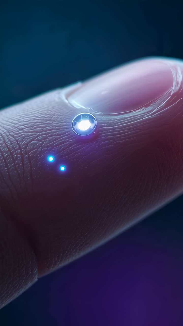Vertical video: Brightening droplet on fingertip sparking orbiting blue orbs in macro, forming halo