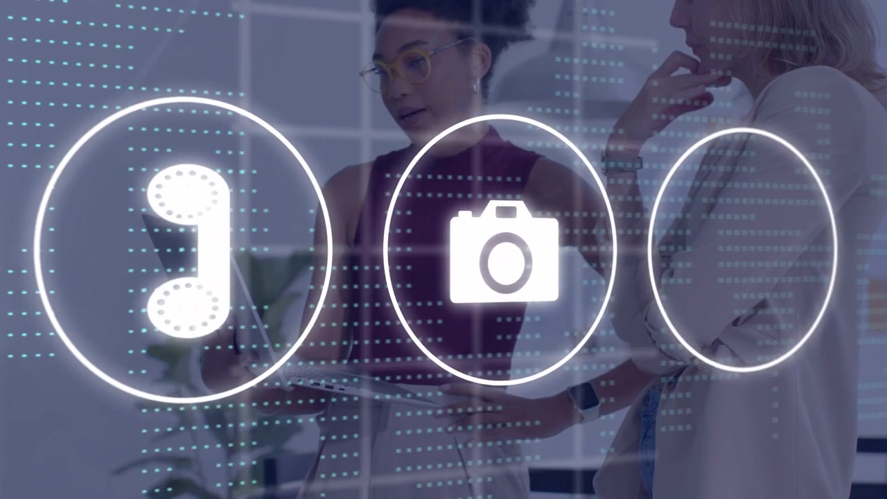 Woman holding laptop showing while peer leaning business UI icons sliding then clearing for review