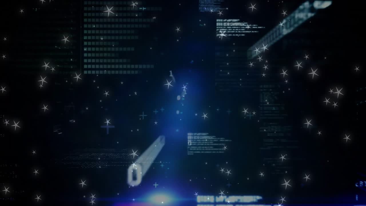 Glowing beam sweeping bottom activating code snippets floating across starry digital void