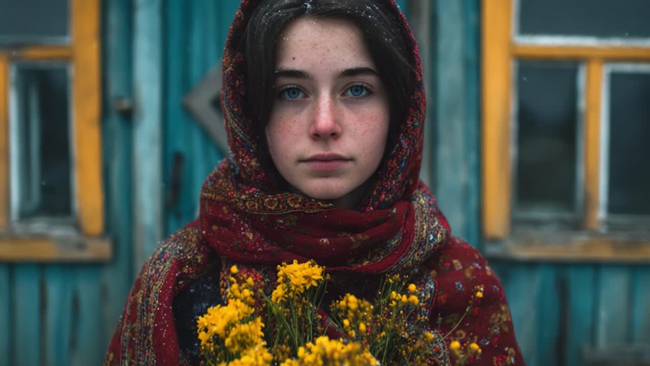 Una giovane donna è ritratta serenamente di fronte a uno sfondo rustico in legno, mentre tiene in mano un bouquet di fiori gialli, circondata da una leggera nevicata, che riflette un momento di quieta bellezza e contemplazione
