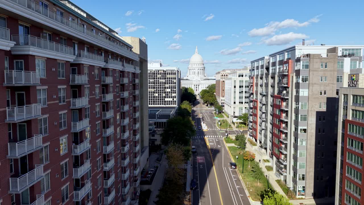 low aerial push in to Madison Wisconsin
