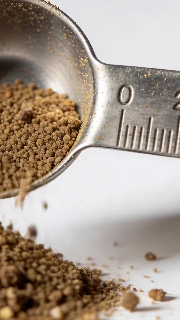 Vertical video: Tilting measuring spoon pouring brown powder onto white surface, forming pile