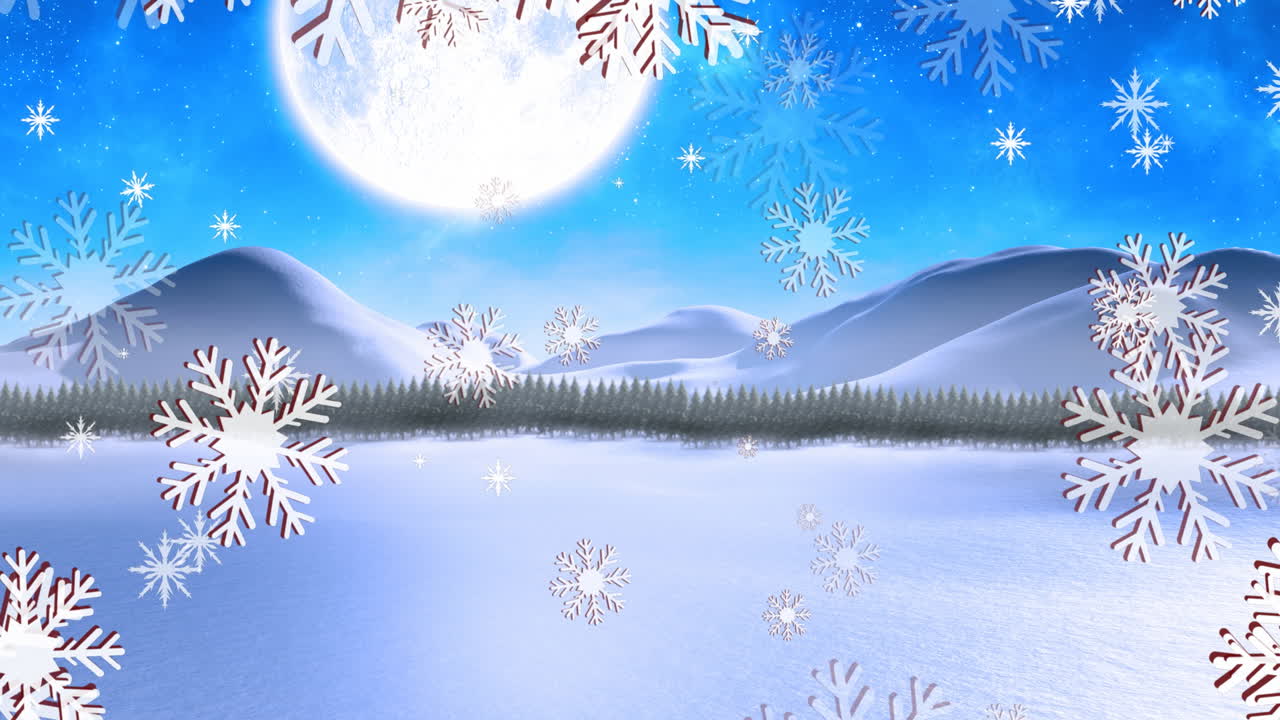 달과 함께 눈으로  ⁇ 인  ⁇ , 산과 나무 위에 떨어지는 크리스마스 눈송이의 애니메이션
