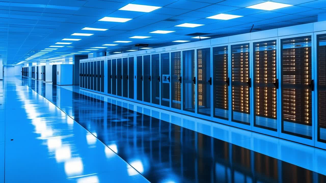 Blue-lit modern data center. Long corridor filled with server racks illuminated by blue lights, showcasing high-tech environment in a data center.