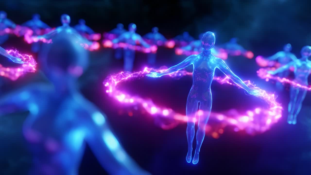 A mesmerizing visual display featuring ethereal, luminous humanoid figures gracefully suspended in a dynamic formation, enveloped by vibrant energy orbs, creating an enchanting atmosphere of digital artistry and imagination