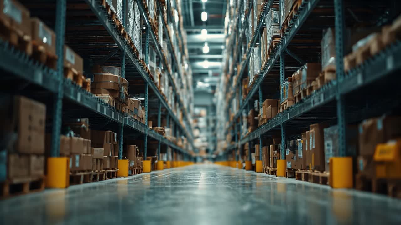 A Detailed View of an Organized Warehouse with Stacked Boxes and Shelving, Highlighting the Efficient Use of Space and Logistics Management