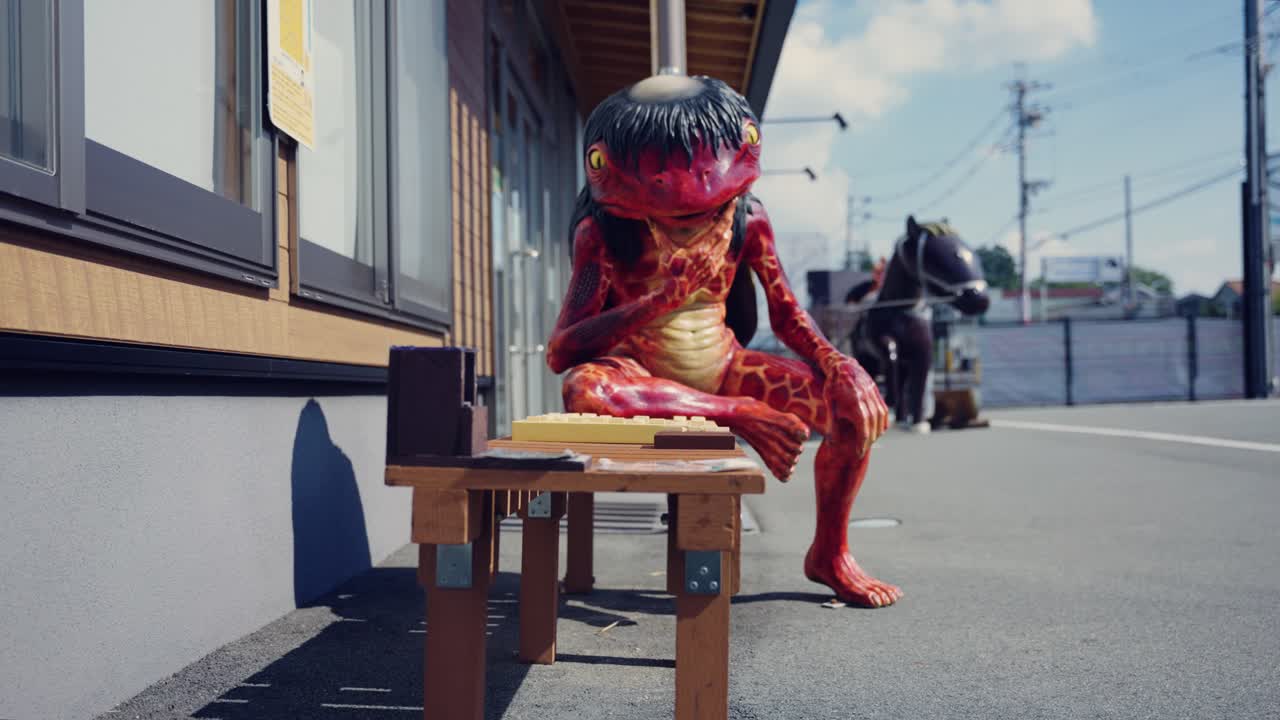 일본의 강 괴물, 카파, 벤치에 앉아 후쿠사키에서 가고